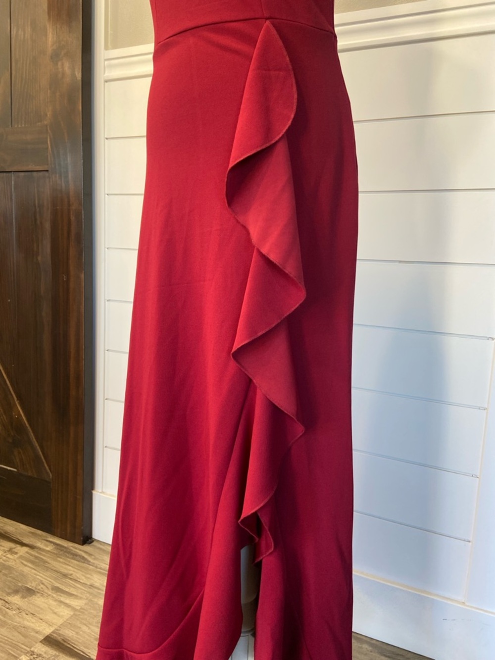 One-Shoulder Red Ruffle Evening Dress - Picture 2 of 8